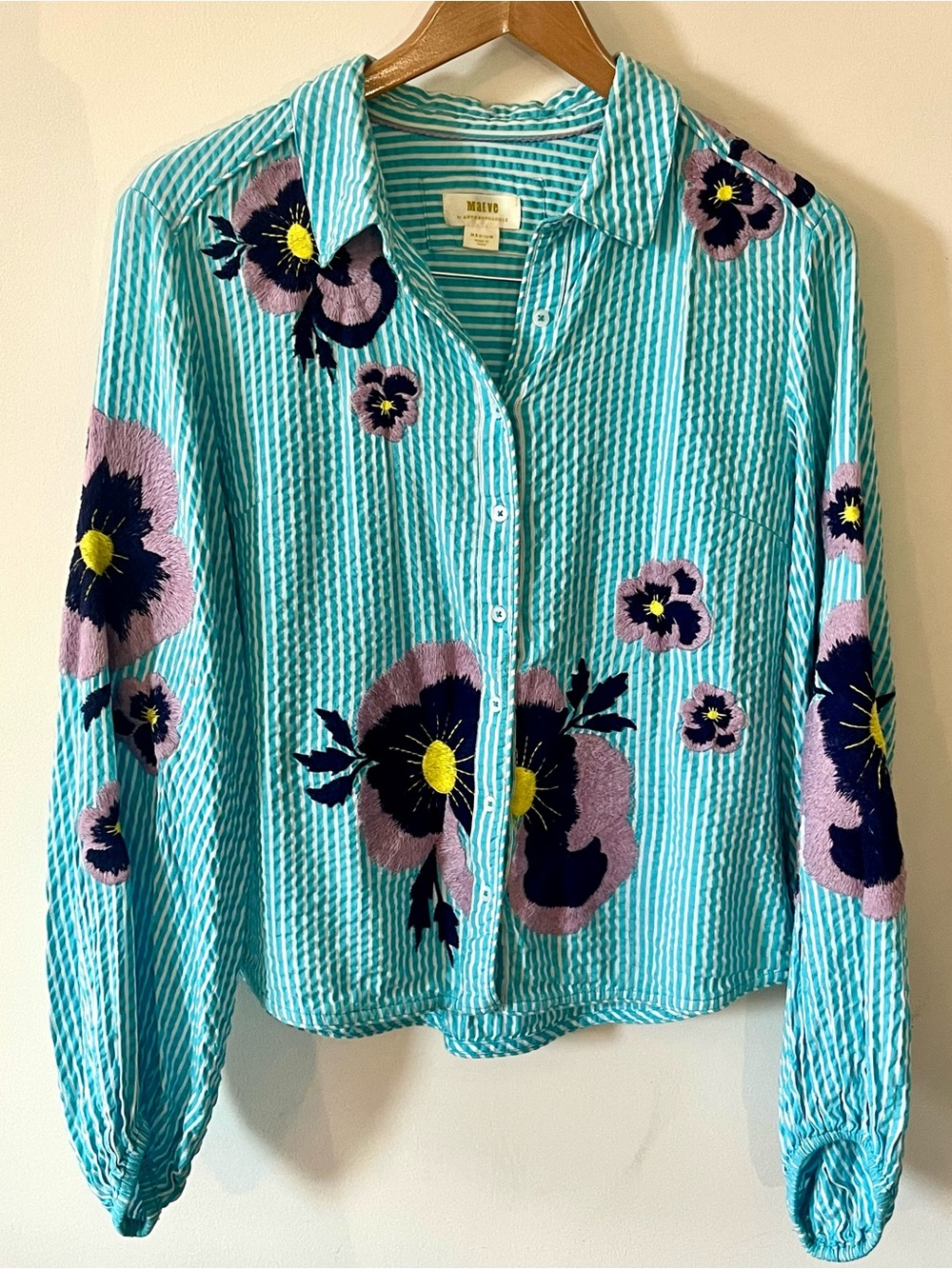 Maeve Anthropologie Embroidered Pansy Seersucker Blouse Medium